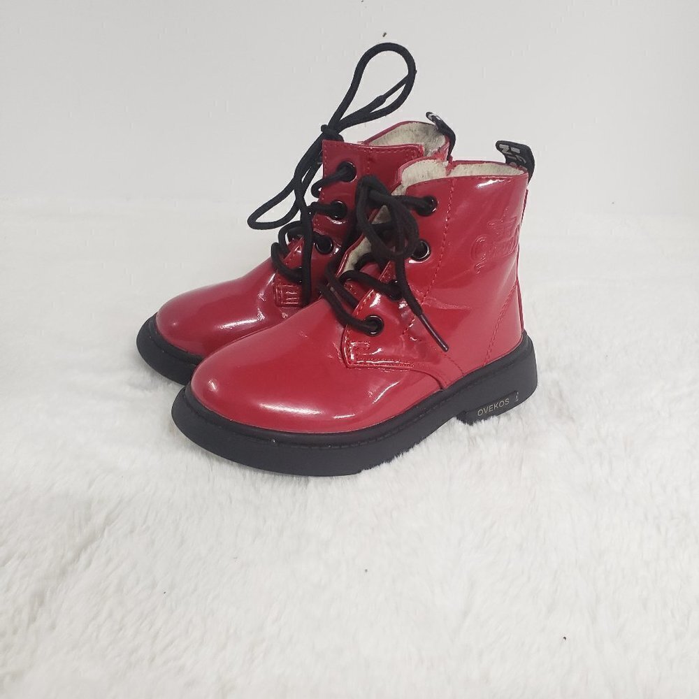 Ovekos Red PU Leath Patent Lace Up Combat Boot NO Size See Measurments